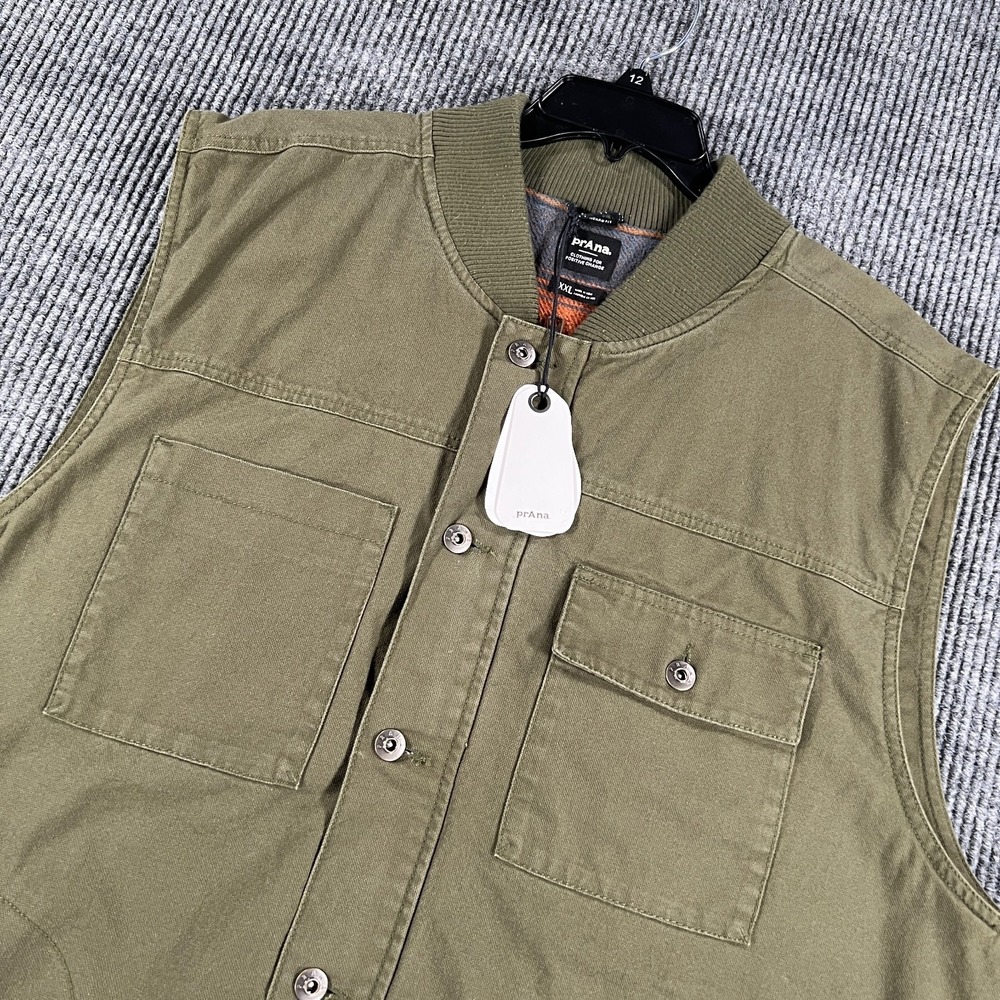 Prana Canvas Vest Jacket Mens 2XL XXL Green Sleeveless Lined Full Zip New